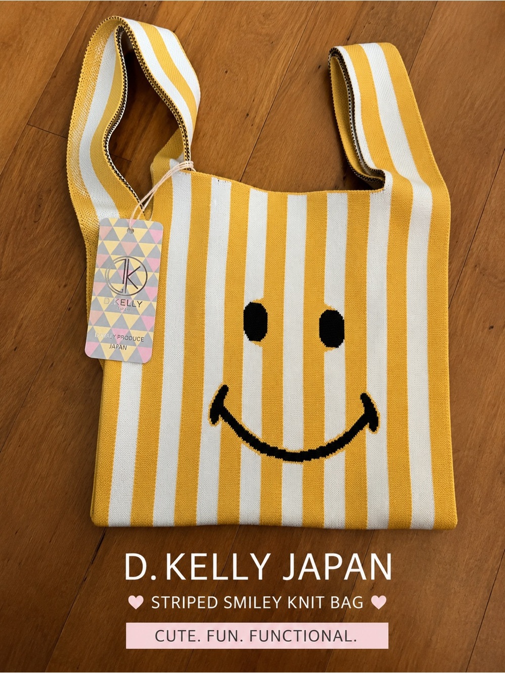 D.Kelly Japan Yellow Striped Smiley Knit Shoulder Bag, nwt